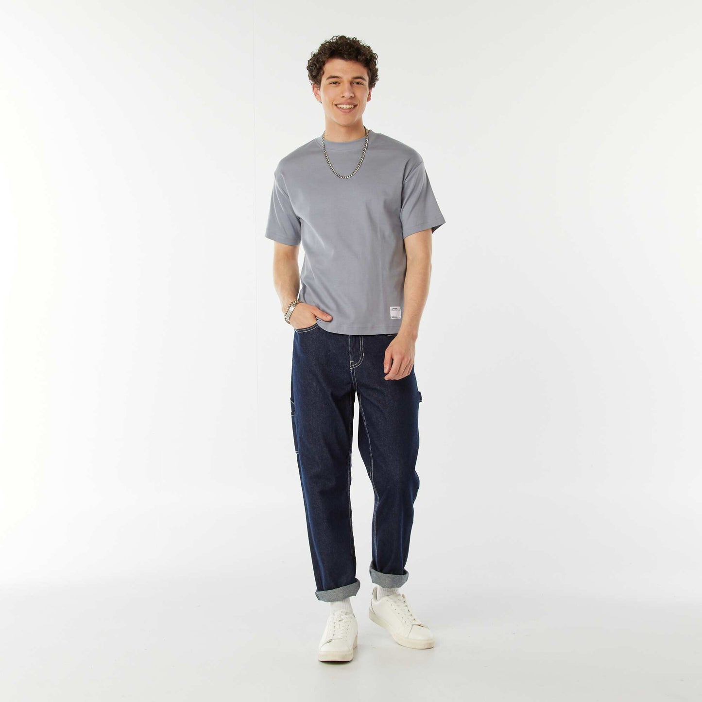 T-shirt col rond en coton BLEU GRIS