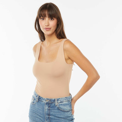 T-shirt stretch à col carré BEIGE