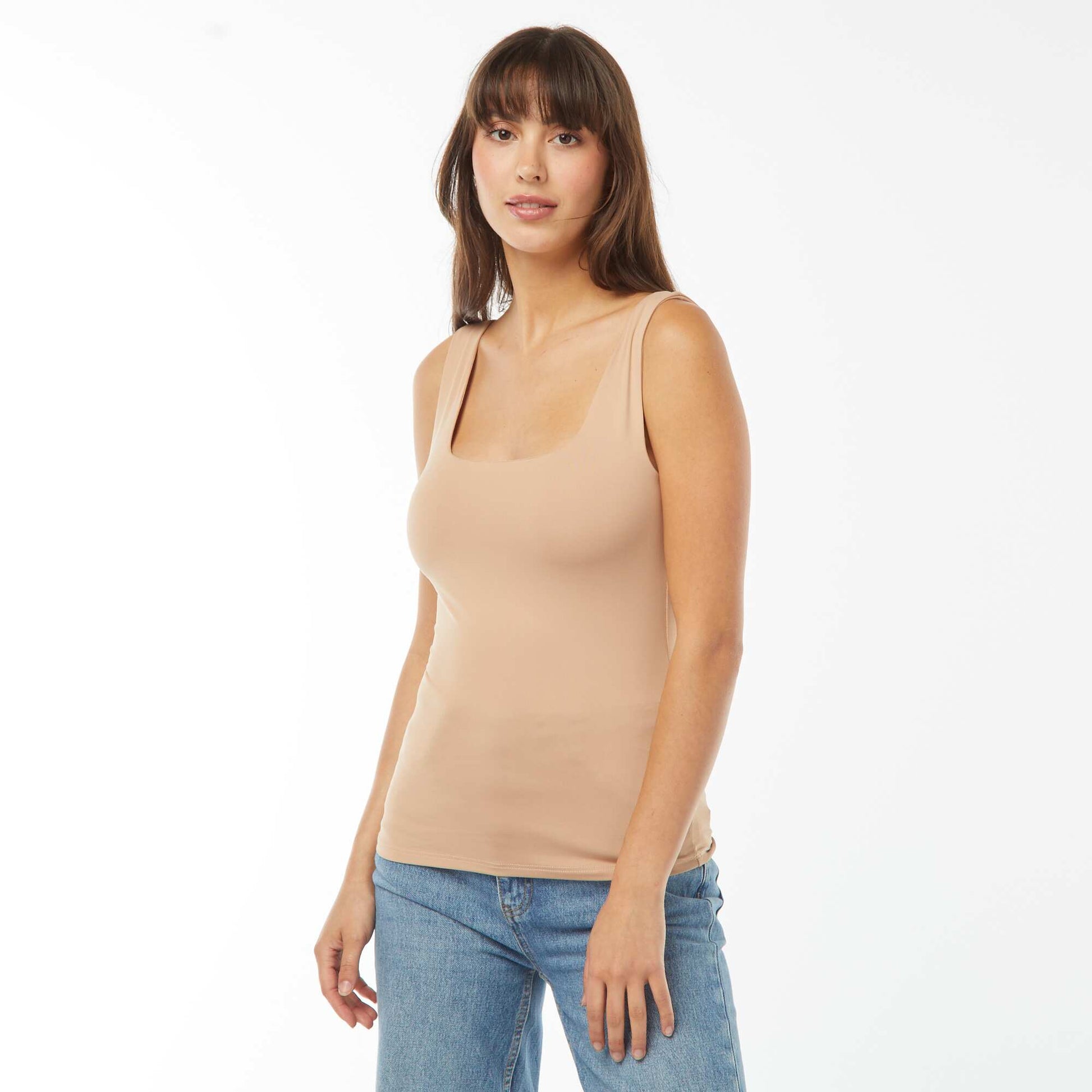 T-shirt stretch à col carré BEIGE