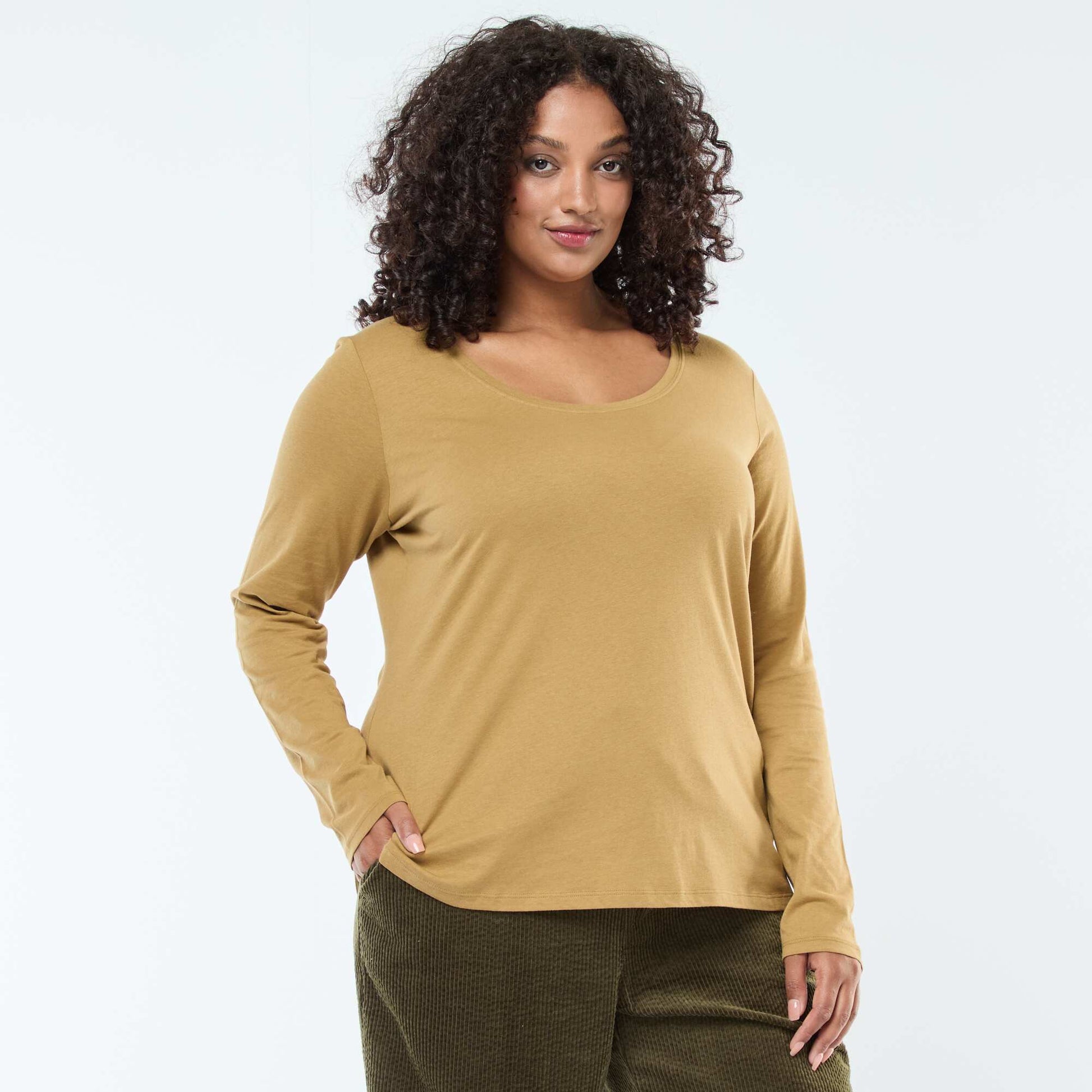 T-shirt manches longues uni en jersey VERT KAKI