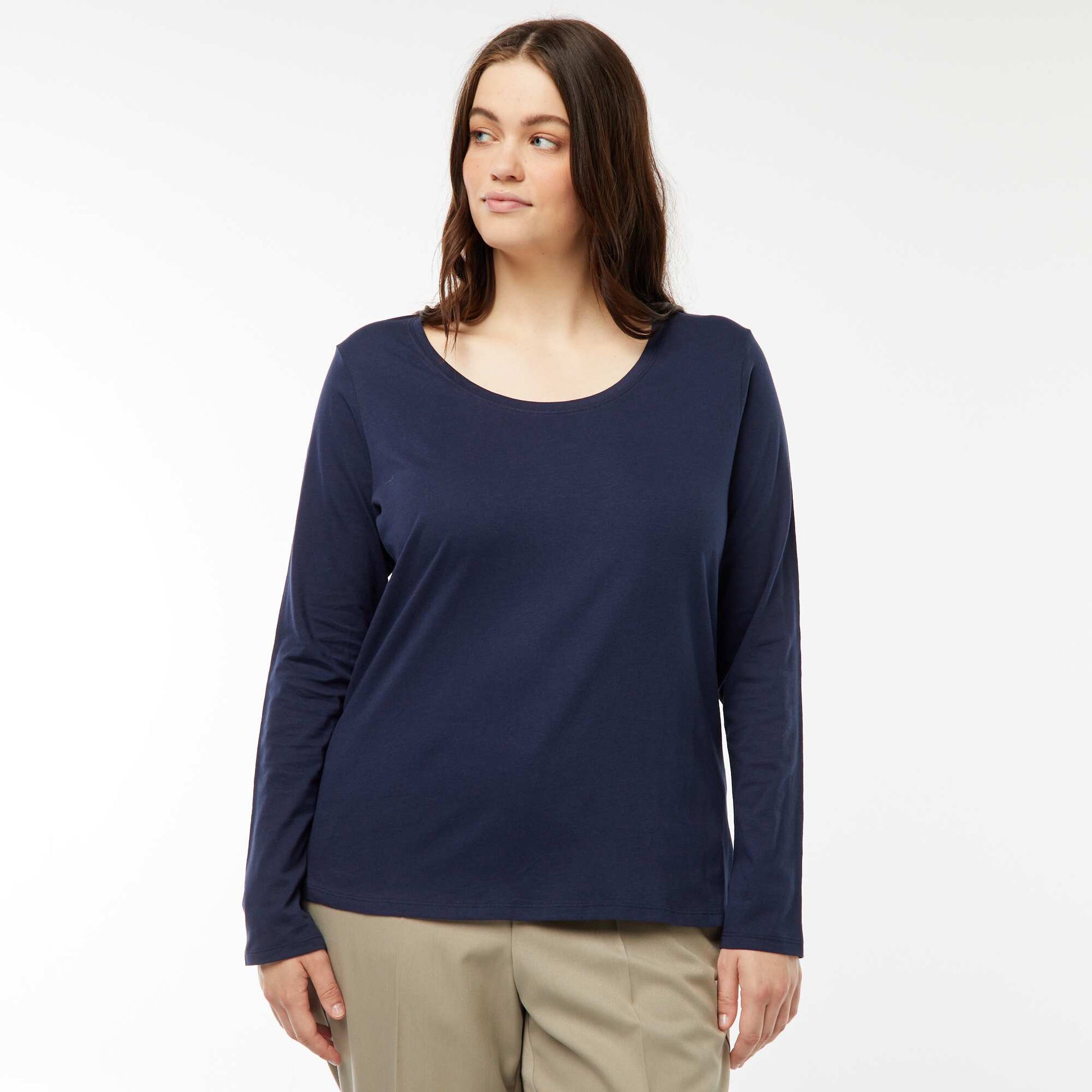 T-shirt manches longues uni en jersey BLEU MARINE