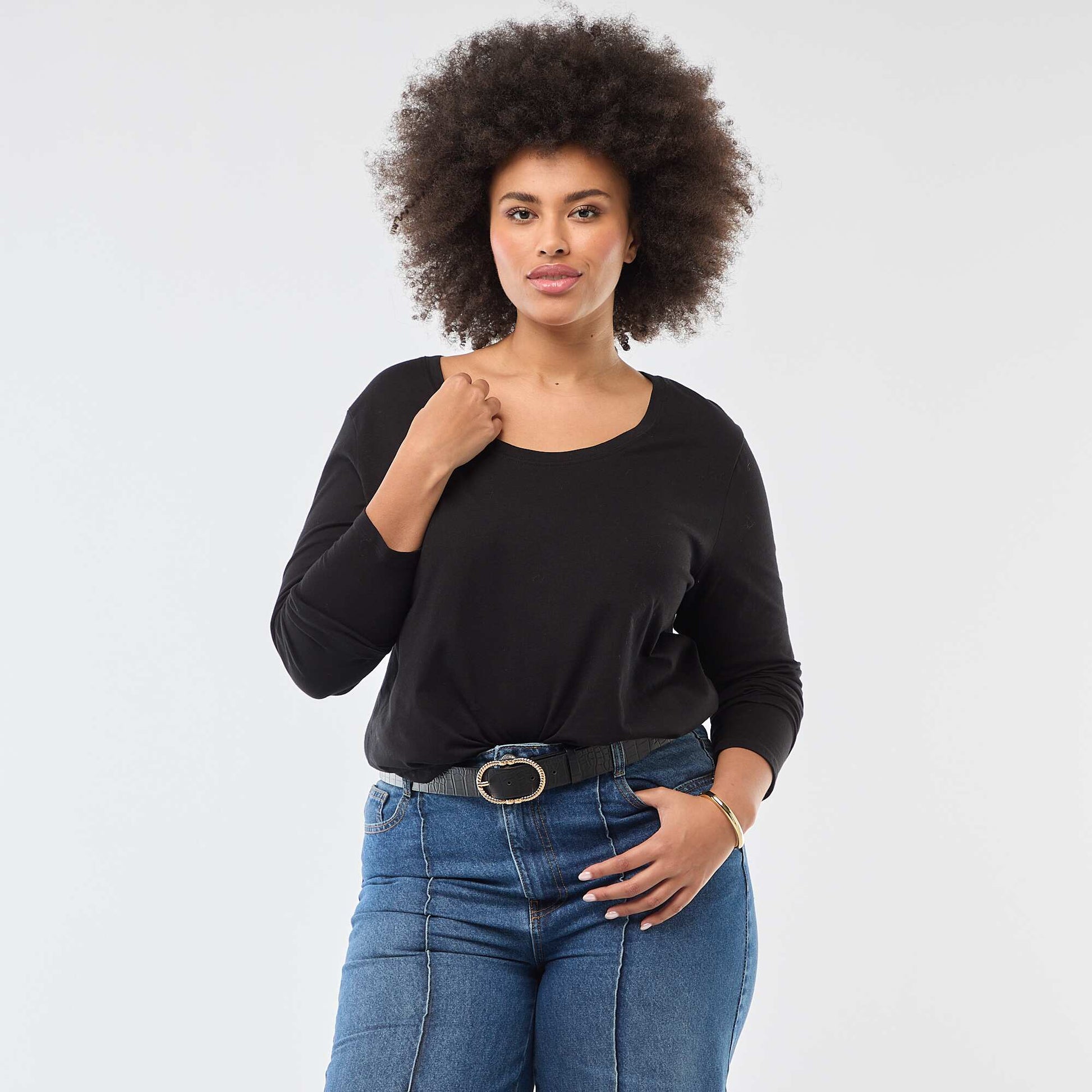 T-shirt manches longues uni en jersey NOIR