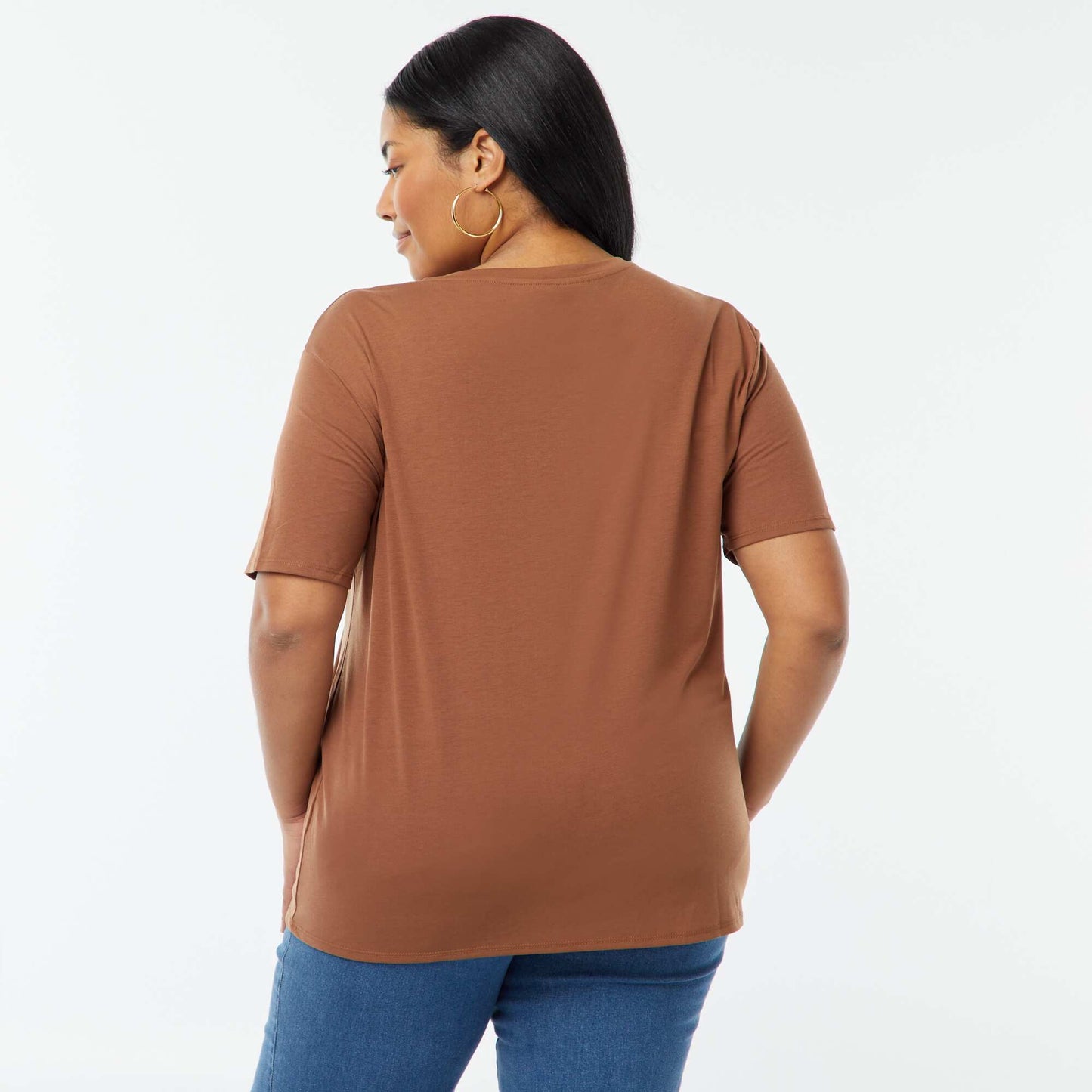 T-shirt basique uni col V MARRON