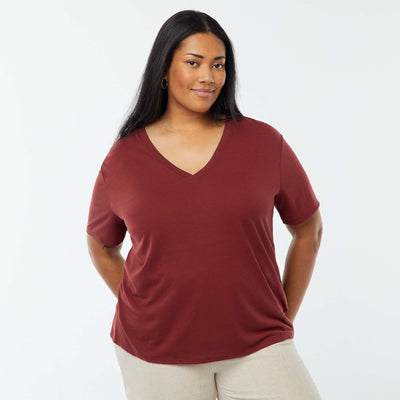 T-shirt basique uni col V ROUGE