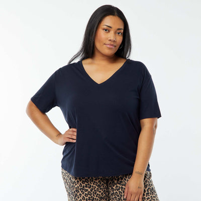 T-shirt basique uni col V BLEU