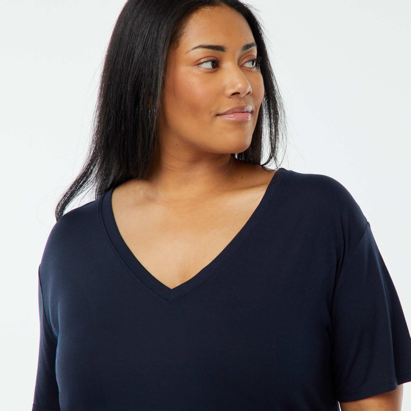 T-shirt basique uni col V BLEU