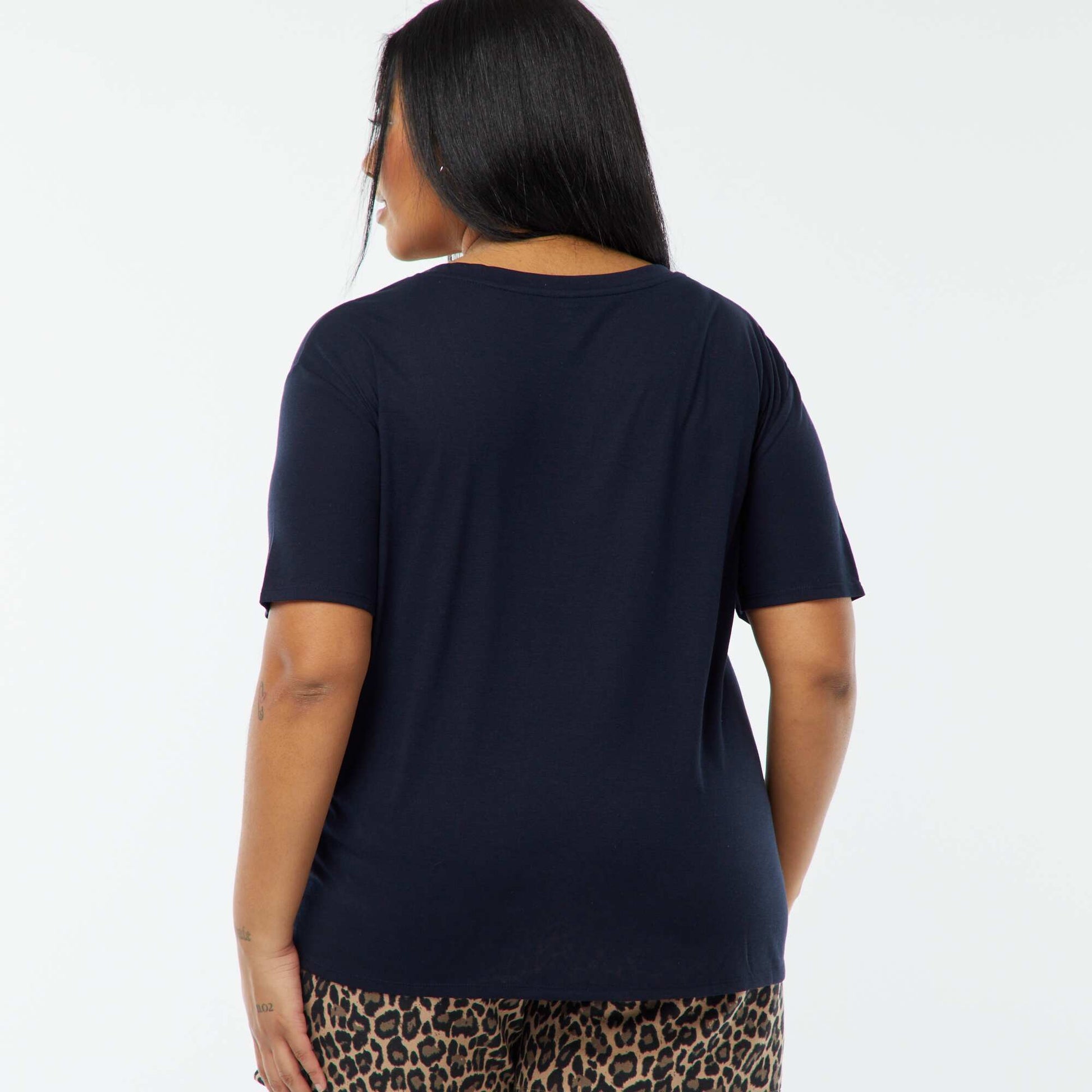 T-shirt basique uni col V BLEU