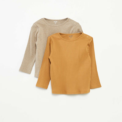 Lot de 2 t-shirts unis côtelés à manches longues BEIGE