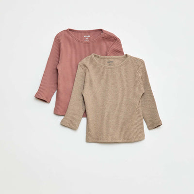 Lot de 2 t-shirts unis côtelés à manches longues MARRON