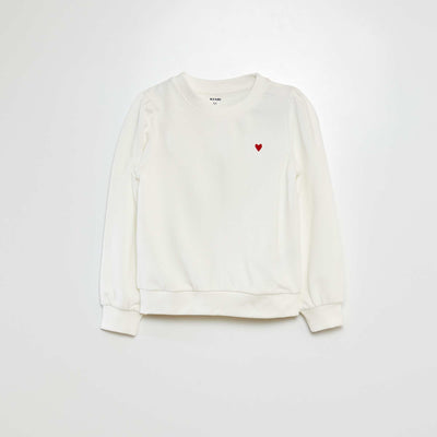 Sweat en molleton uni cœur brodé BLANC