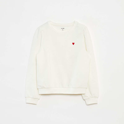 Sweat en molleton uni cœur brodé BLANC