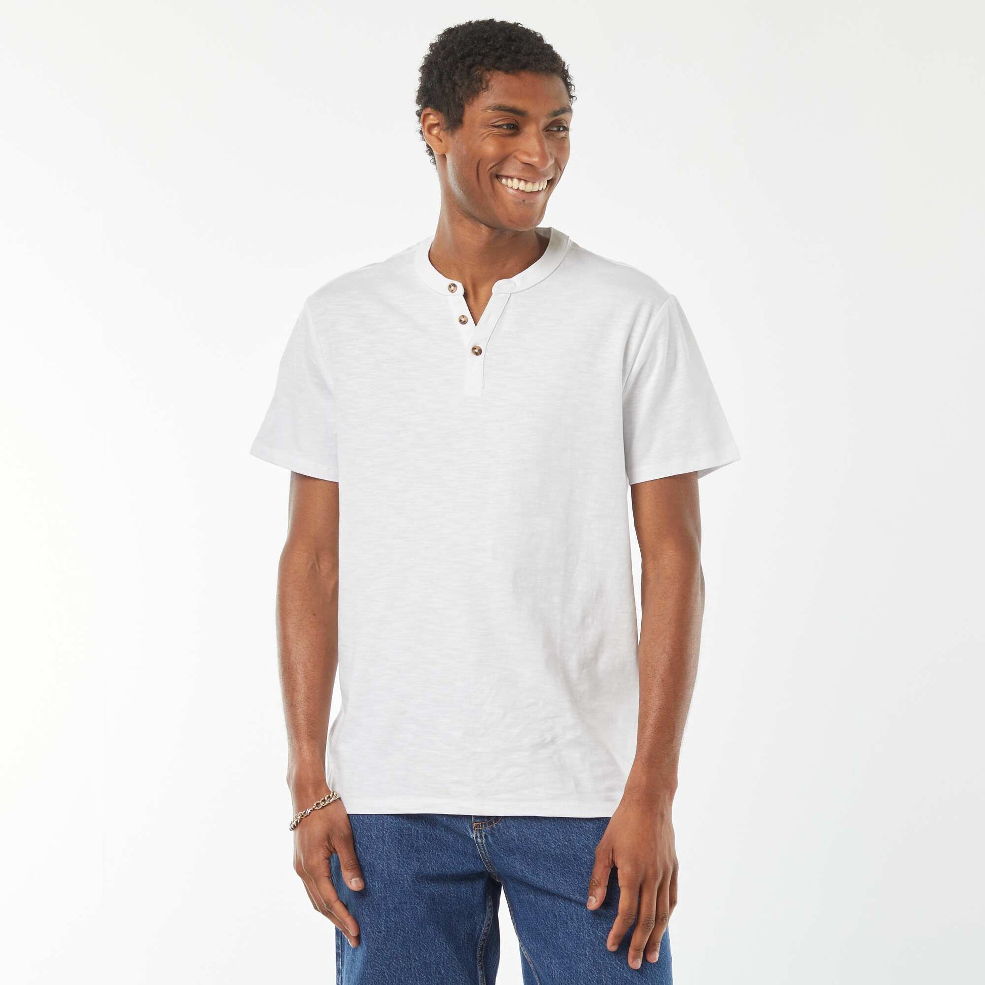 T-shirt à col tunisien manches courtes BLANC