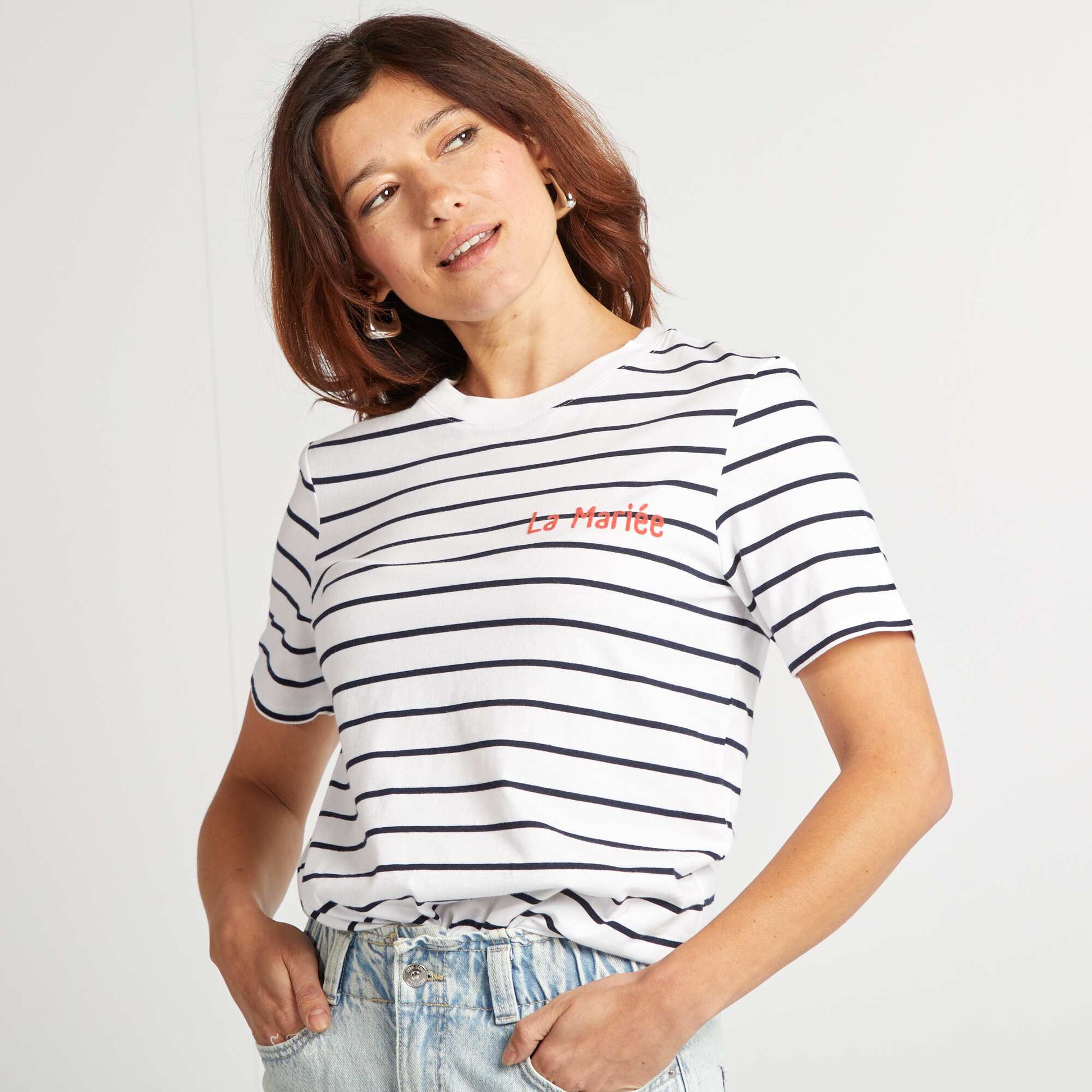 T-shirt avec message EVJF BLANC RAYé