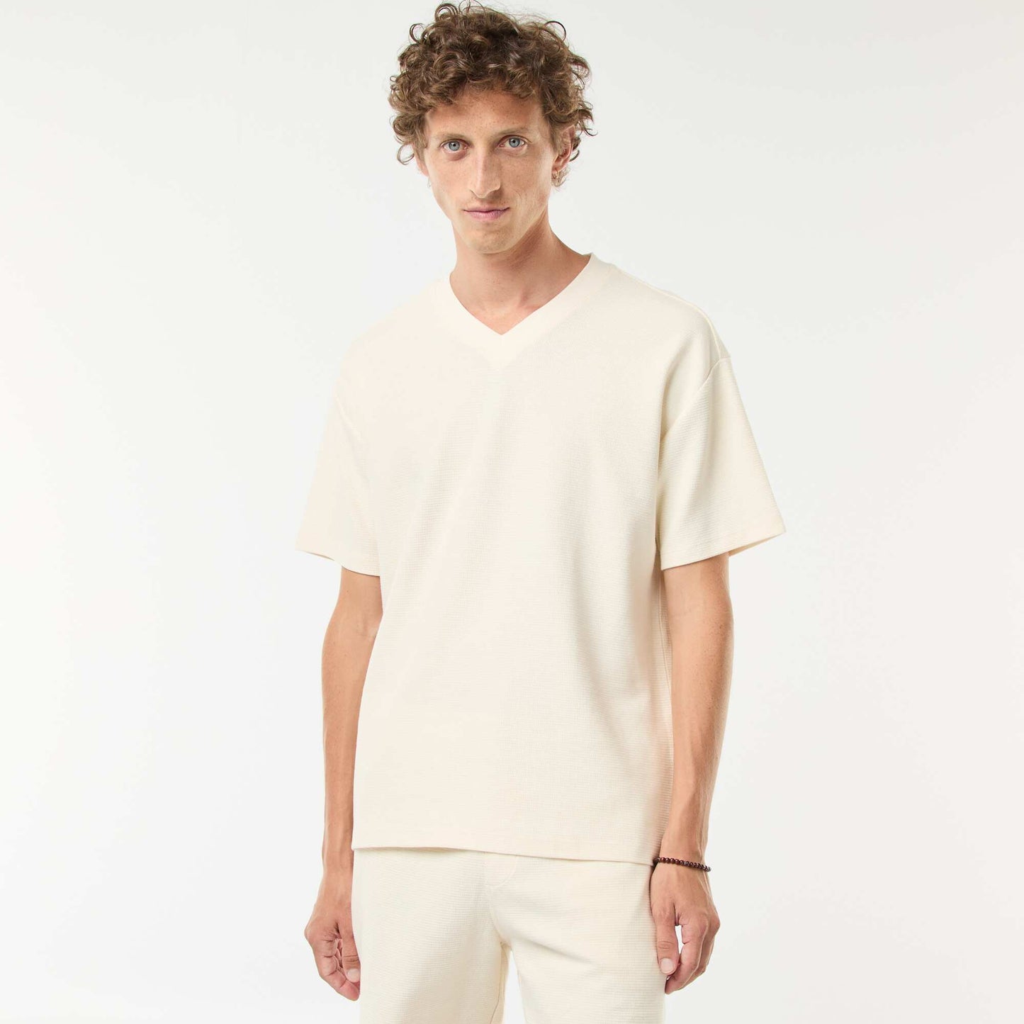 T-shirt en maille col V BEIGE