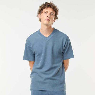 T-shirt en maille col V BLEU
