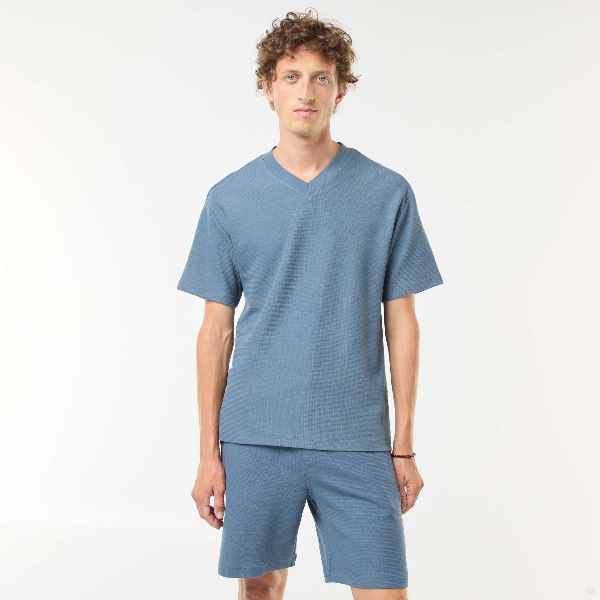 T-shirt en maille col V BLEU