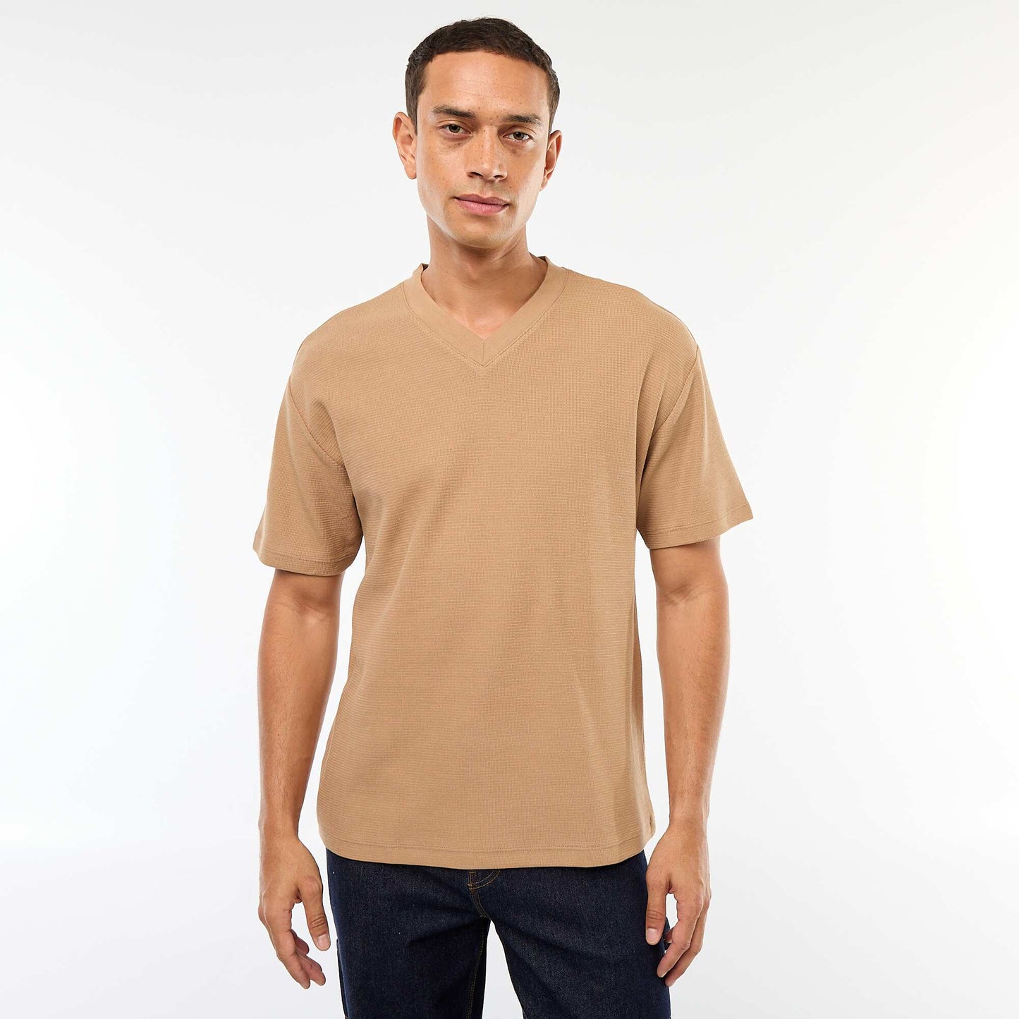T-shirt en maille col V BEIGE