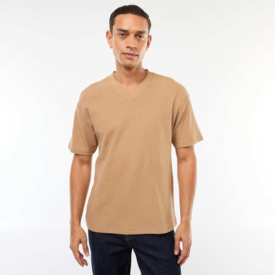 T-shirt en maille col V BEIGE