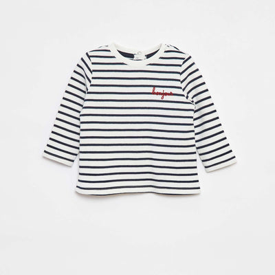 T-shirt manches longues avec 'bonjour' brodé sur la poitrine BLANC