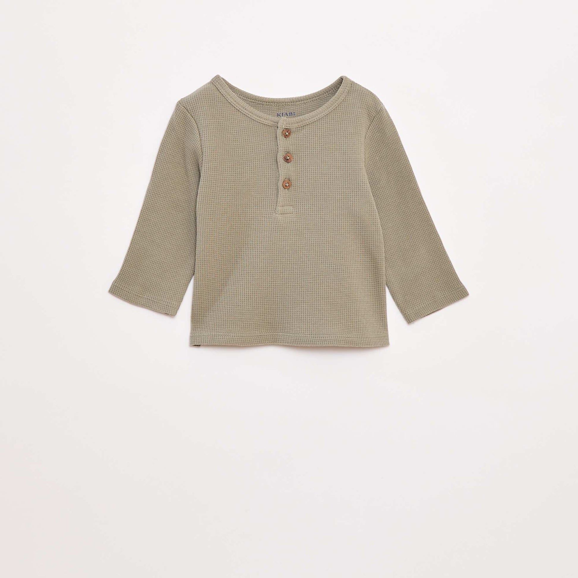 T-shirt col tunisien en maille gaufrée VERT