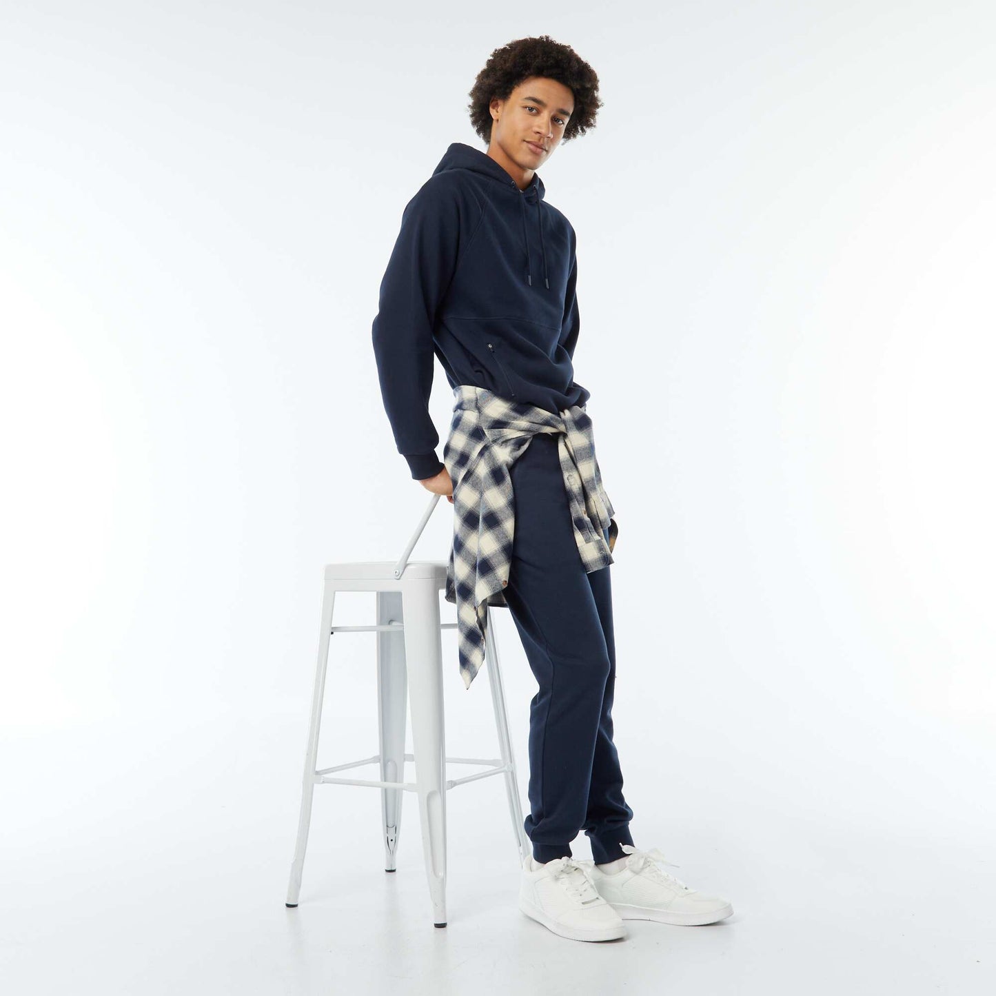 Sweat uni à capuche avec poches zippées BLEU MARINE