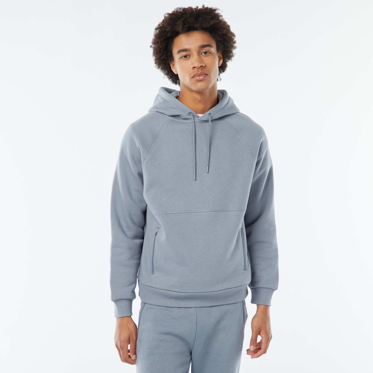 Sweat uni à capuche avec poches zippées BLEU
