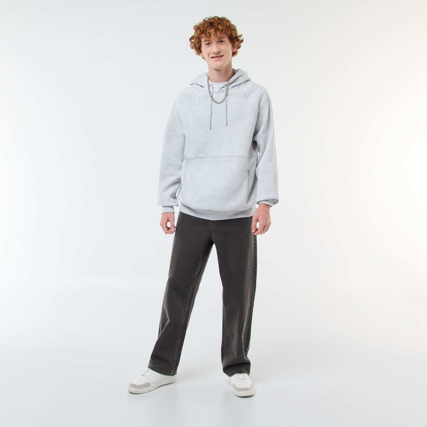Sweat uni à capuche avec poches zippées GRIS CHINé