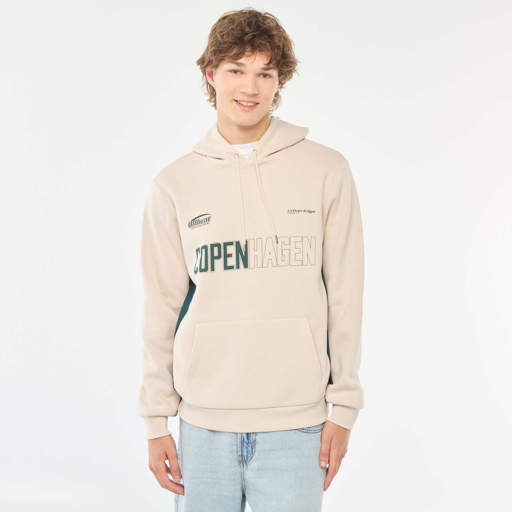 Sweat en molleton imprimé à capuche BEIGE