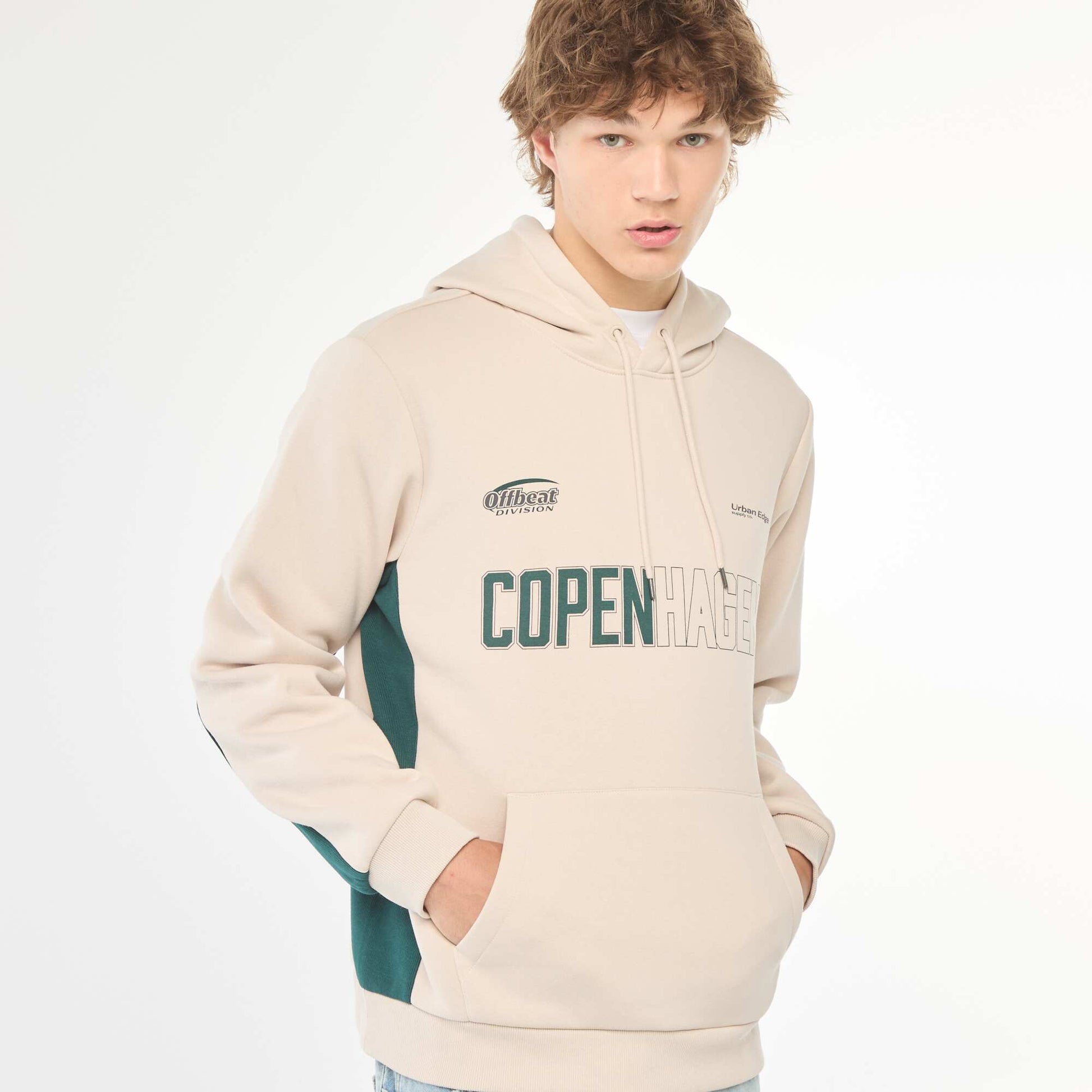 Sweat en molleton imprimé à capuche BEIGE