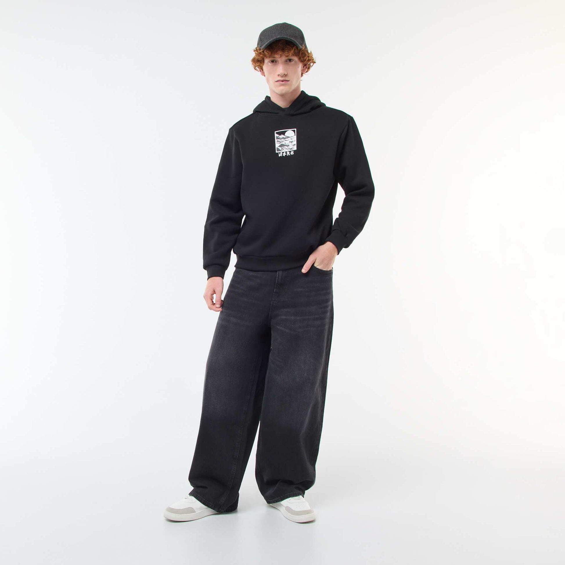Sweat imprimé fantaisie en coton uni NOIR