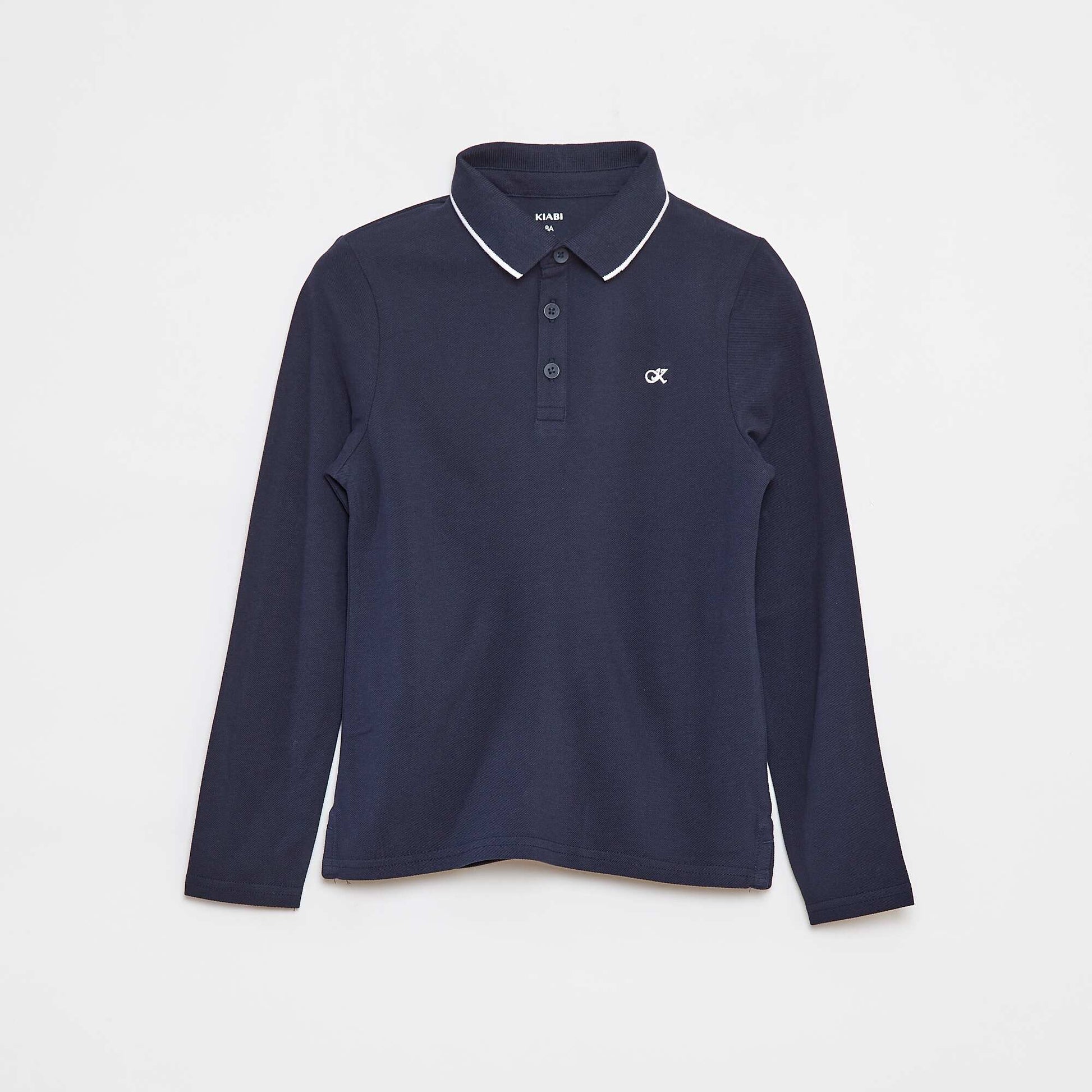 Polo en piqué de coton à manches longues BLEU