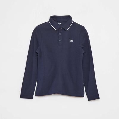 Polo en piqué de coton à manches longues BLEU