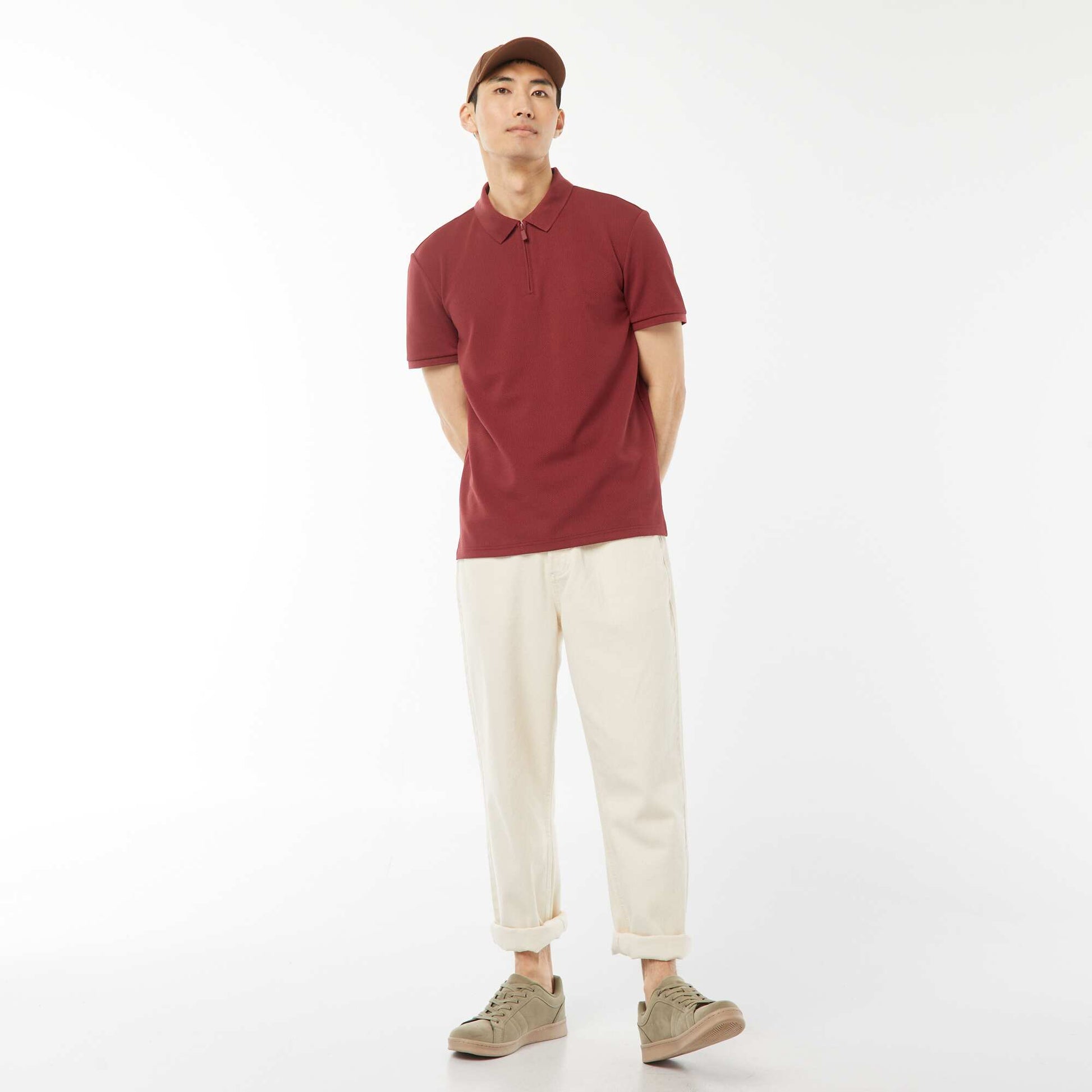 Polo en nid d'abeilles et col zippé ROUGE