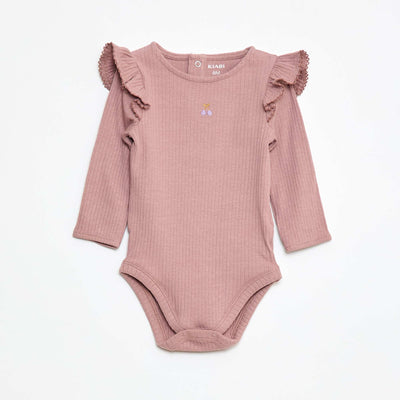 Body côtelé à manches longues volantées aux épaules ROSE