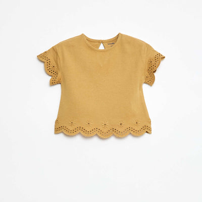 T-shirt en jersey manches courtes avec broderies anglaises JAUNE