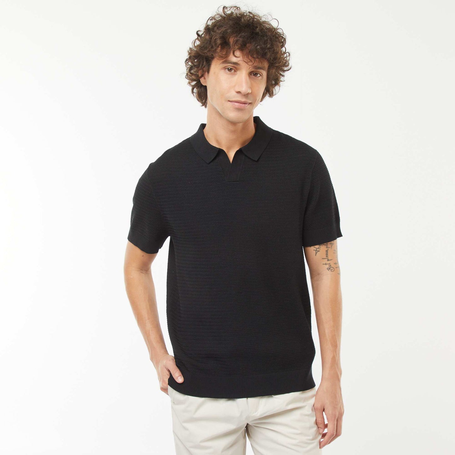 Polo en maille tricot manches courtes NOIR