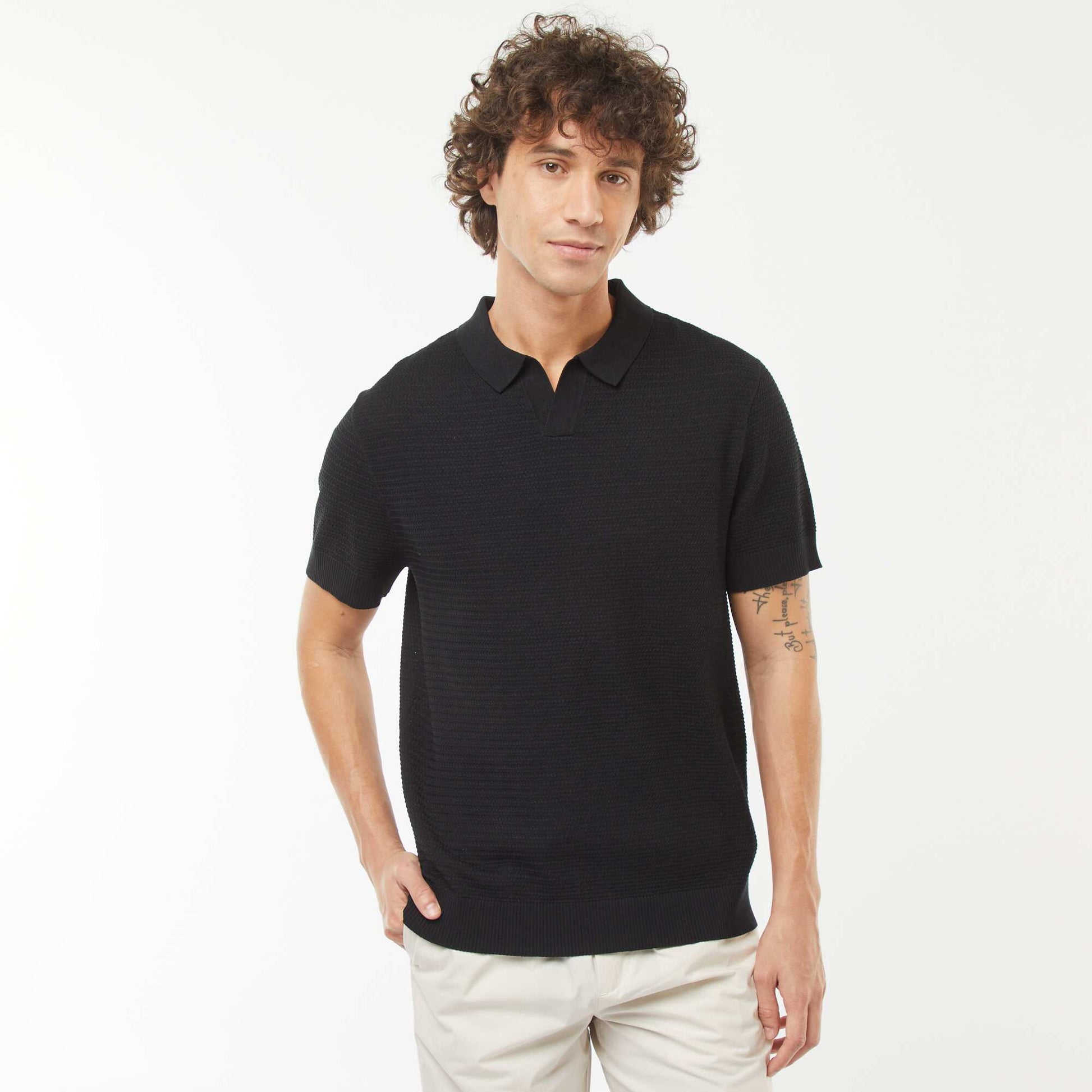 Polo en maille tricot manches courtes NOIR