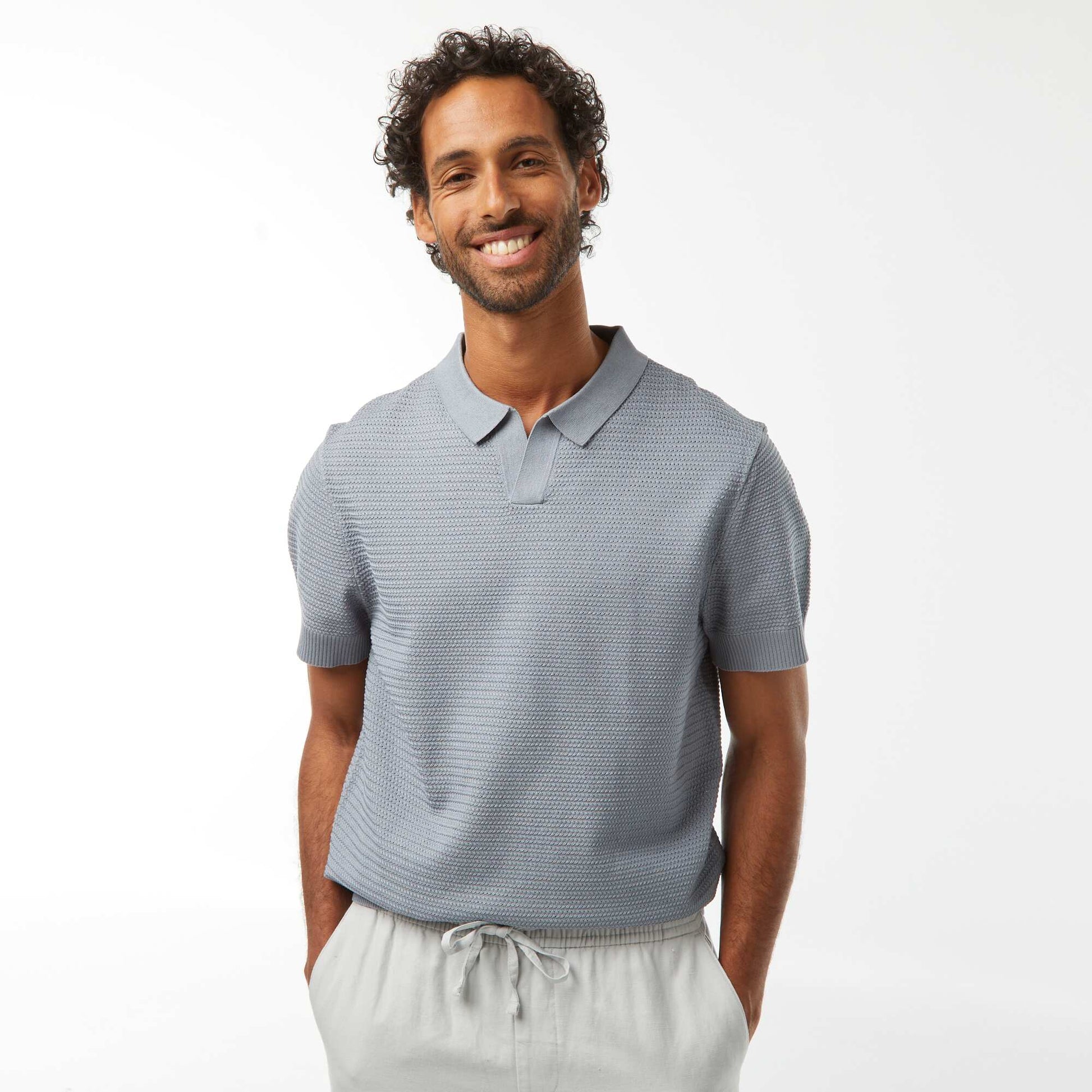 Polo en maille tricot manches courtes BLEU