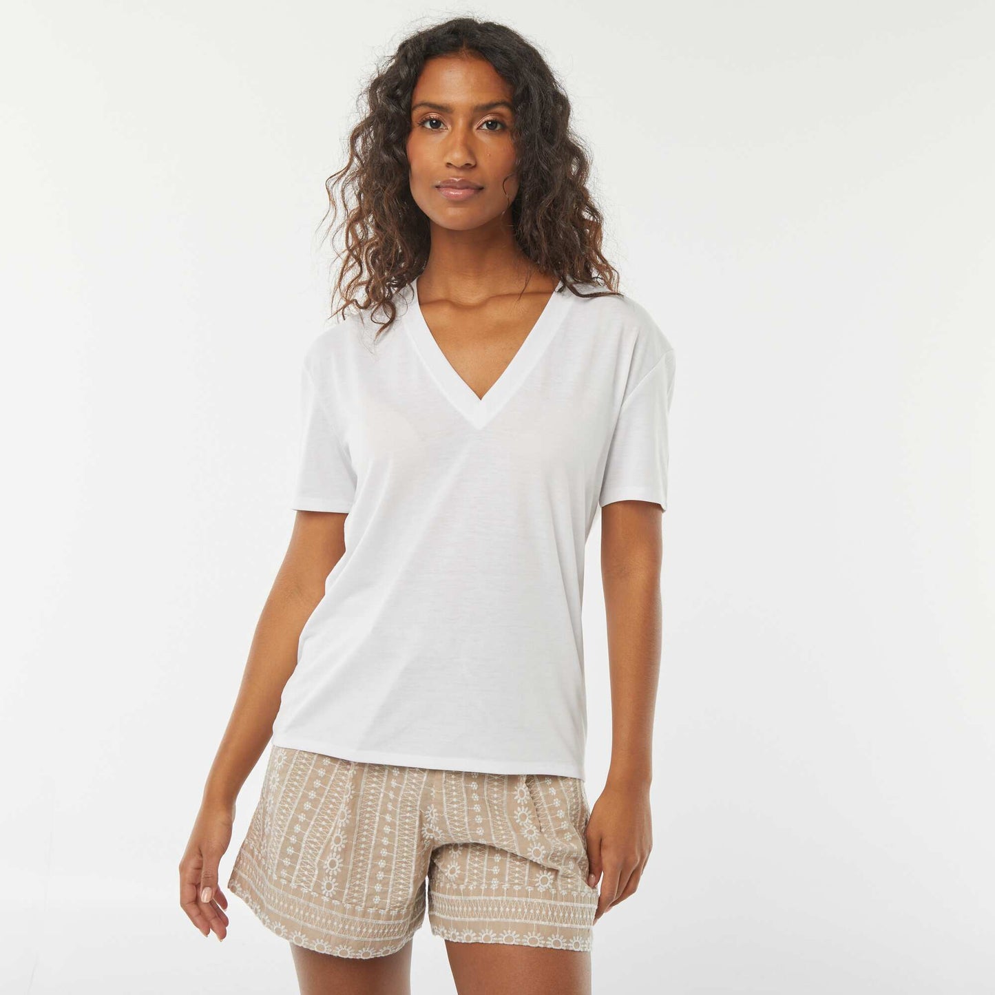 Tee-shirt manches courtes avec encolure en V BLANC