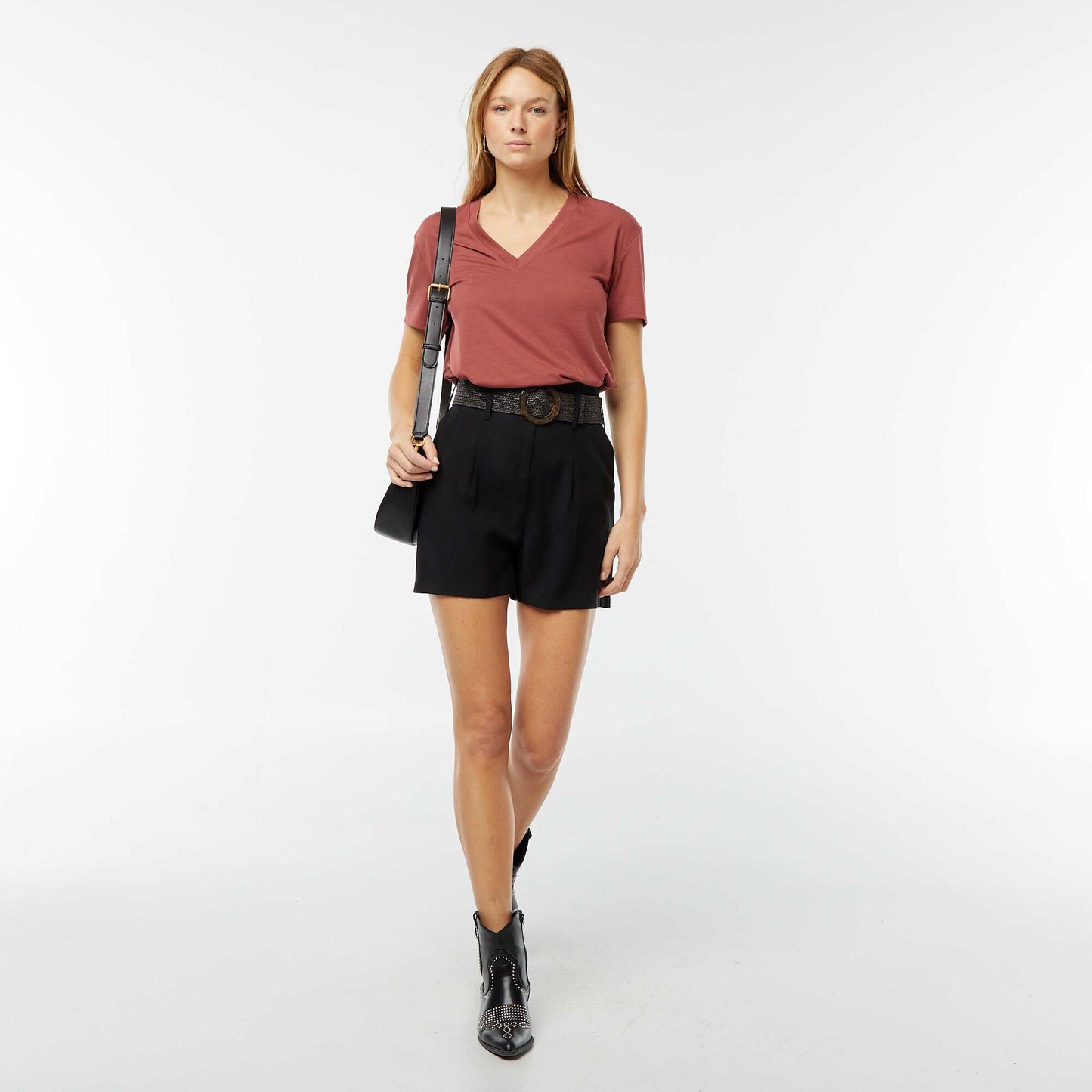 Tee-shirt manches courtes avec encolure en V BRIQUE