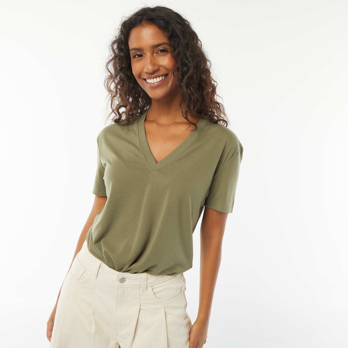 Tee-shirt manches courtes avec encolure en V KAKI