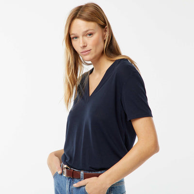 Tee-shirt manches courtes avec encolure en V BLEU MARINE