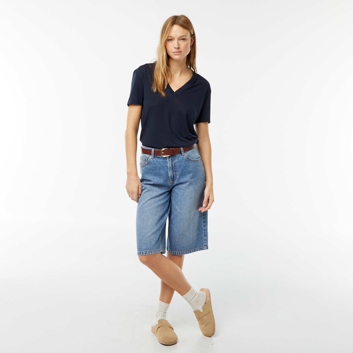 Tee-shirt manches courtes avec encolure en V BLEU MARINE