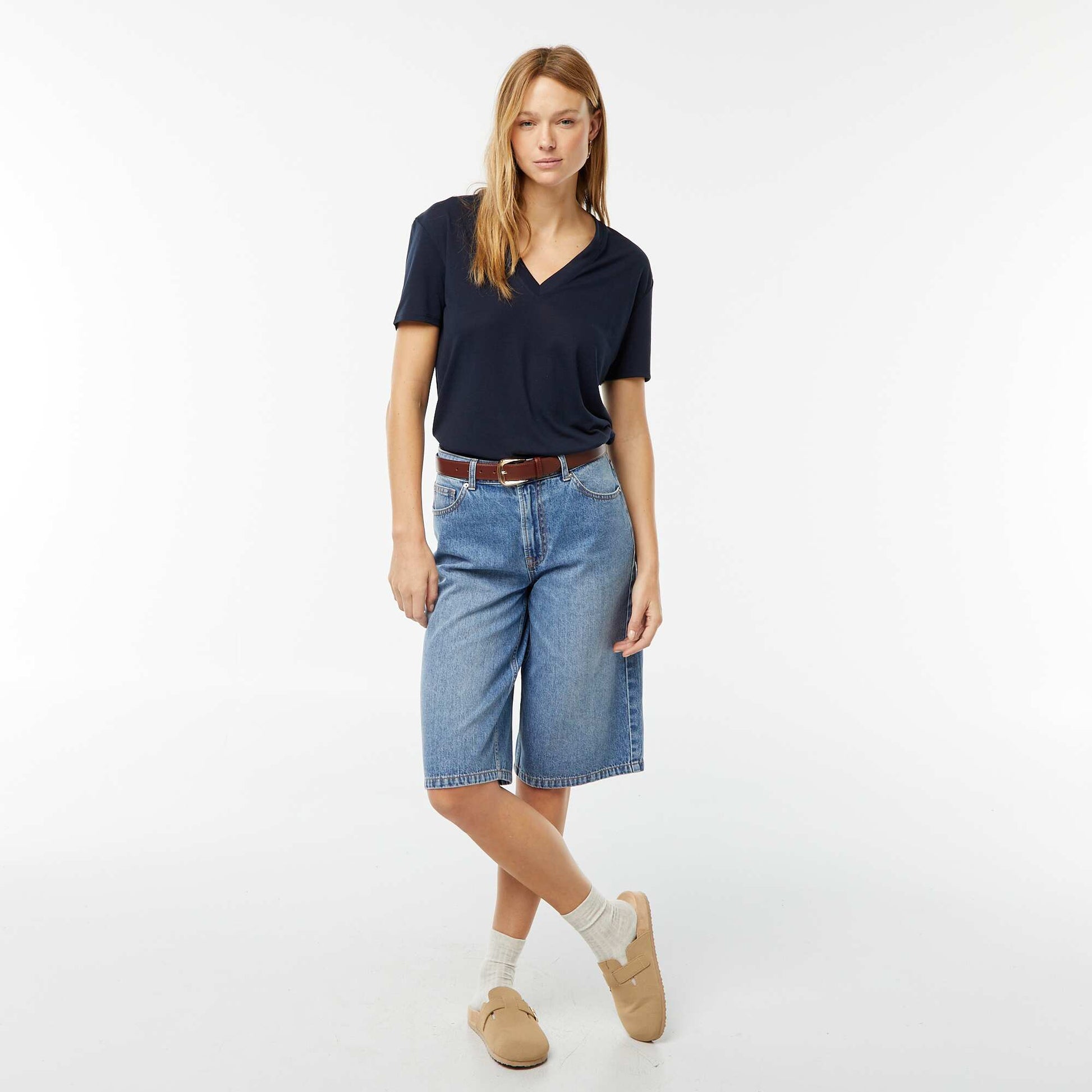 Tee-shirt manches courtes avec encolure en V BLEU MARINE