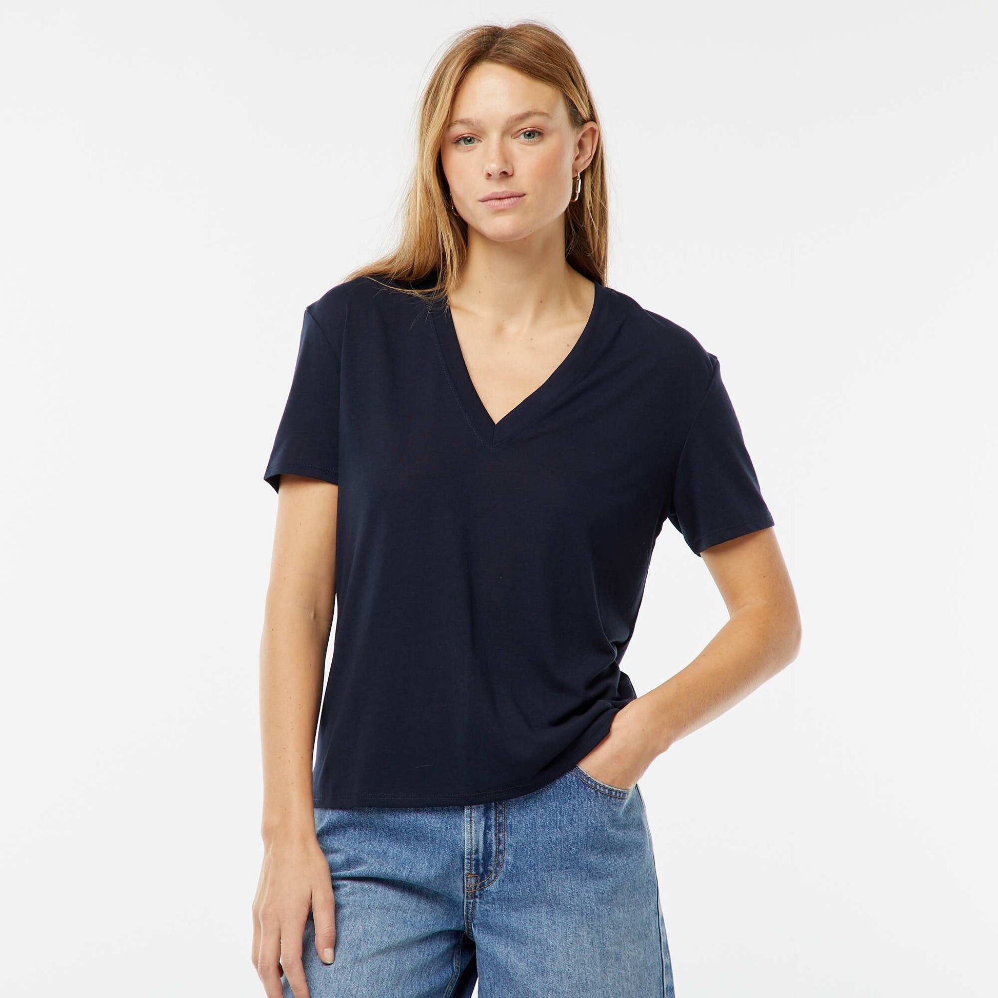 Tee-shirt manches courtes avec encolure en V BLEU MARINE