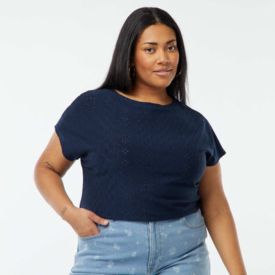 T-shirt en maille ajourée manches courtes BLEU