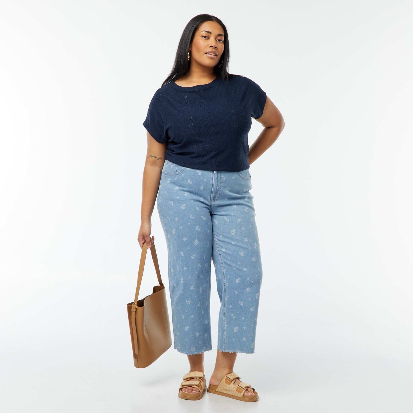 T-shirt en maille ajourée manches courtes BLEU