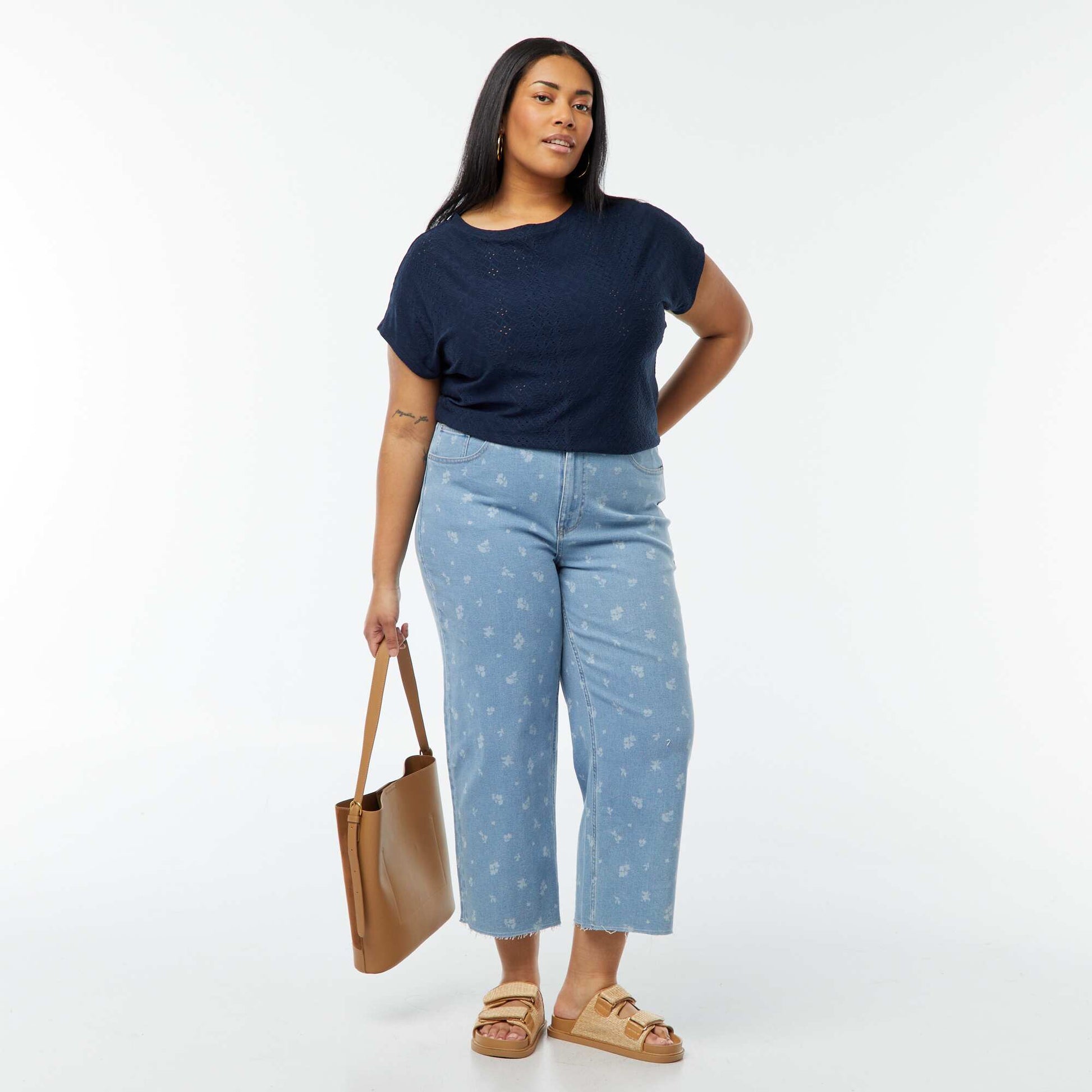 T-shirt en maille ajourée manches courtes BLEU