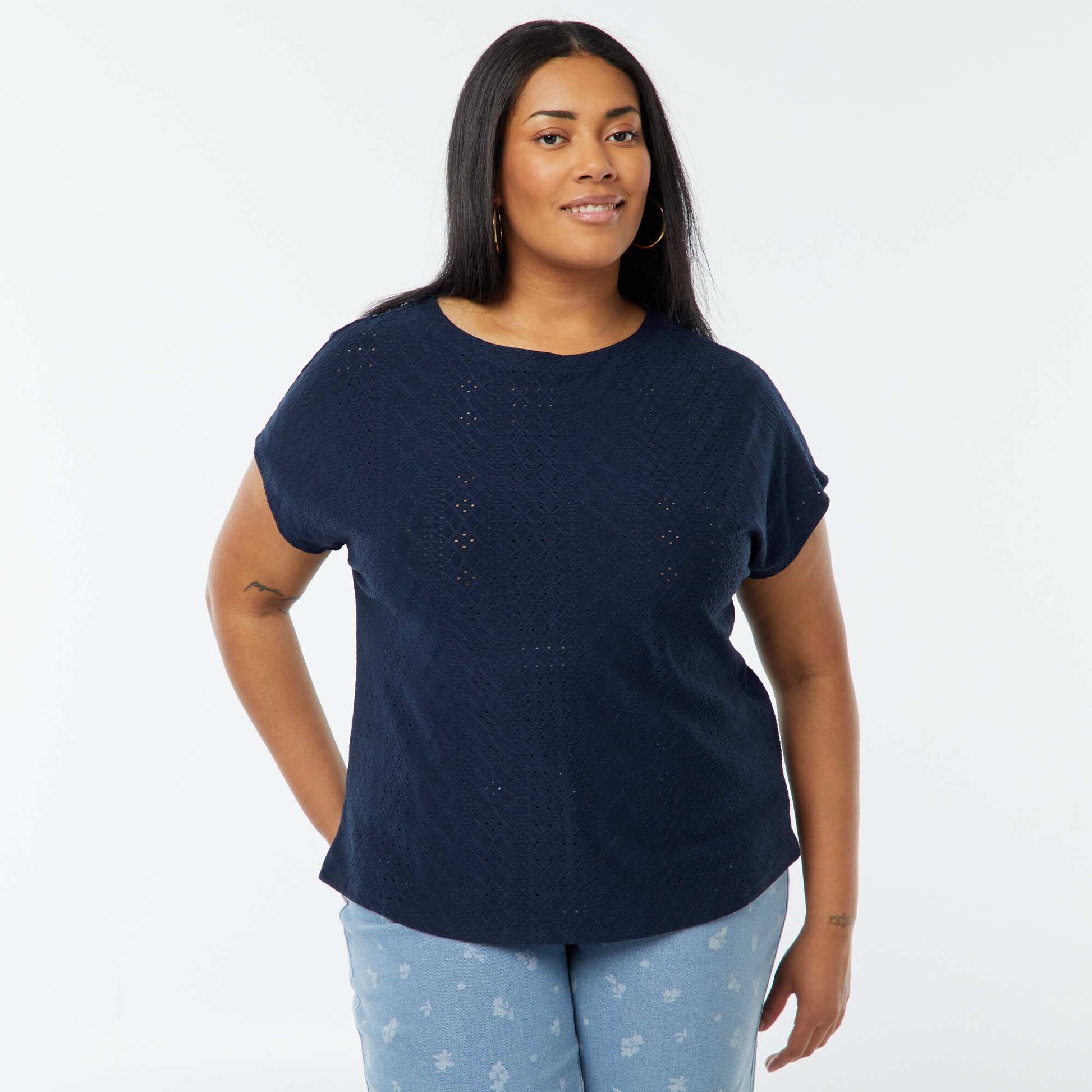 T-shirt en maille ajourée manches courtes BLEU