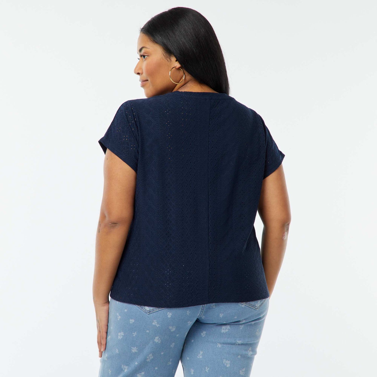 T-shirt en maille ajourée manches courtes BLEU